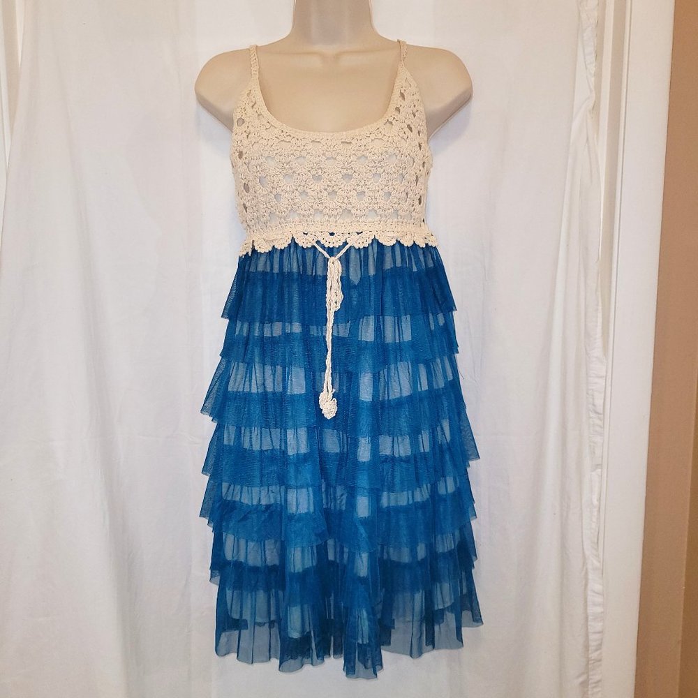 Crochet top dress with tiers of blue